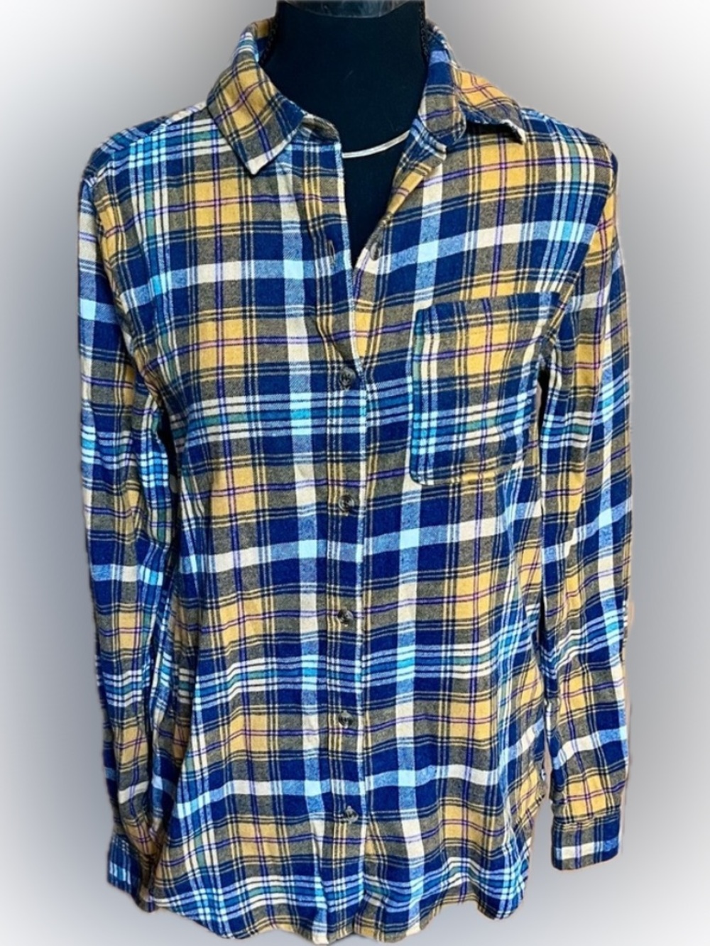 Aeropostale Blue Gold Plaid Flannel Shirt NWT XS Boyfriend Fit Preppy Grunge